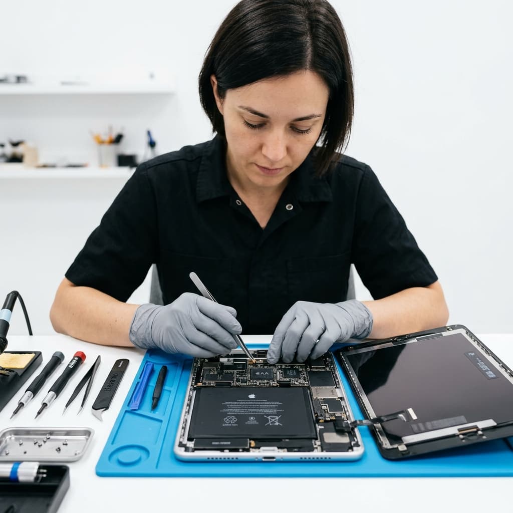 Two young men working closely with a circuit board, one in red shirt